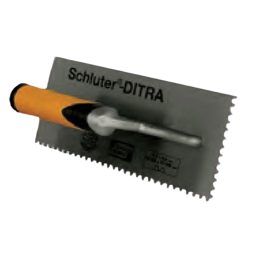 Notched trowel with yellow handle for precise tile installation in flooring and tile flooring tool collections under $50