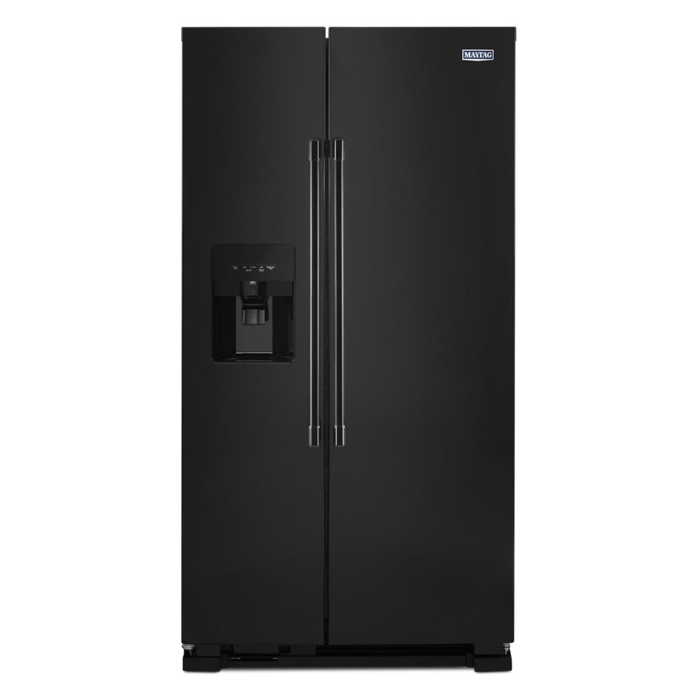 Matte black side-by-side refrigerator with exterior ice and water dispenser for kitchen and appliance use