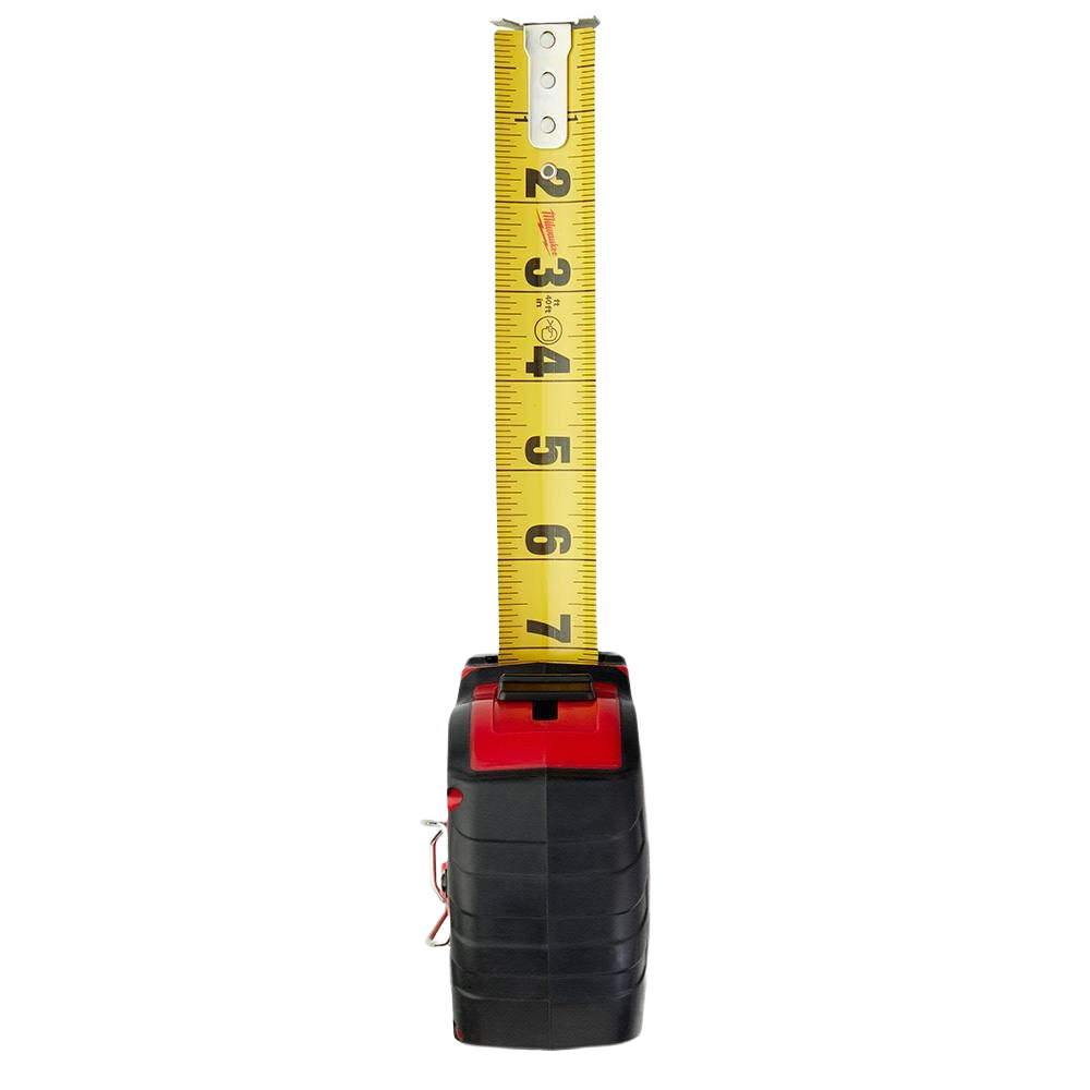 Black and red tape measure with yellow wide blade extended for accurate measuring in woodworking and home improvement tasks