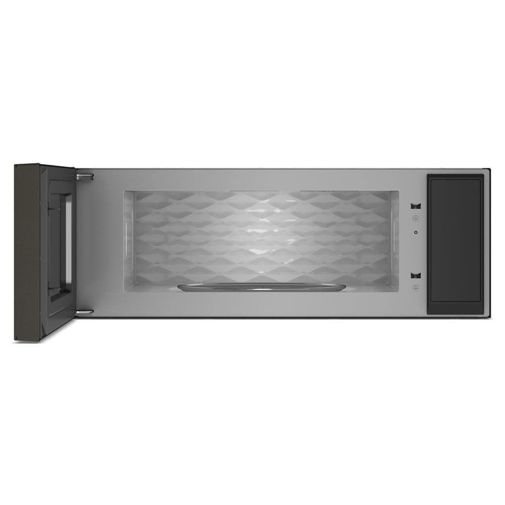 Silver low profile microwave hood with open door and dual fan ventilation for KitchenAid appliances collection