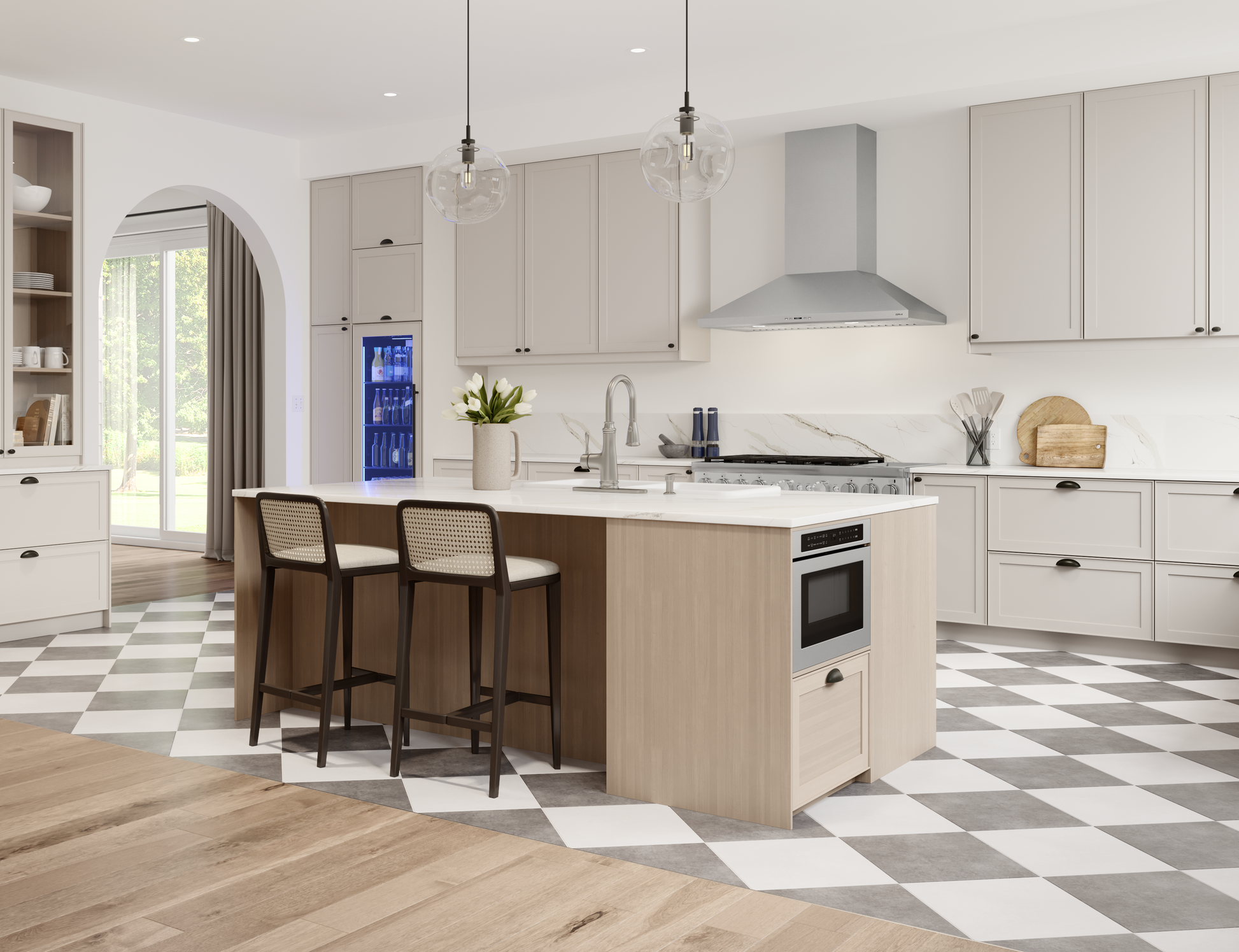 Modern kitchen with stainless steel wall-mounted range hood, light wood island, and checkerboard tile flooring in appliances collection