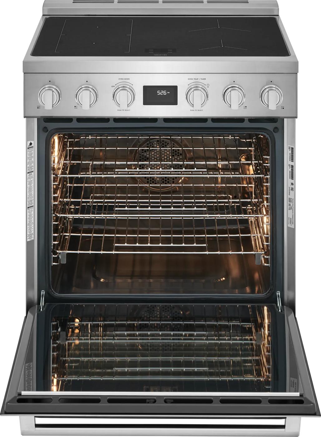 Stainless steel 30-inch induction freestanding range with open oven door, racks, control knobs, and digital display in kitchen appliances collection