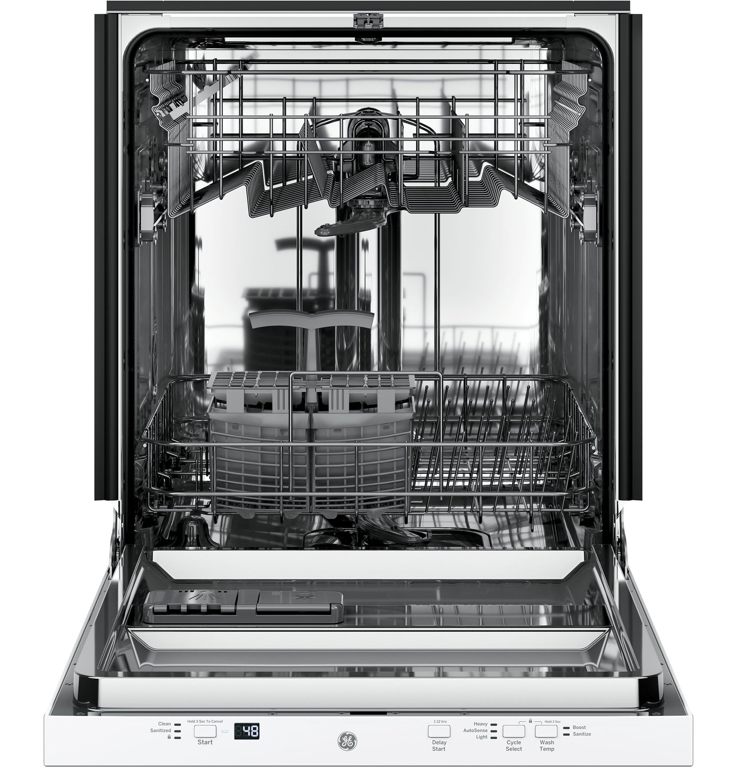 Open stainless steel interior dishwasher showing upper and lower racks with control panel in Dishwashers collection
