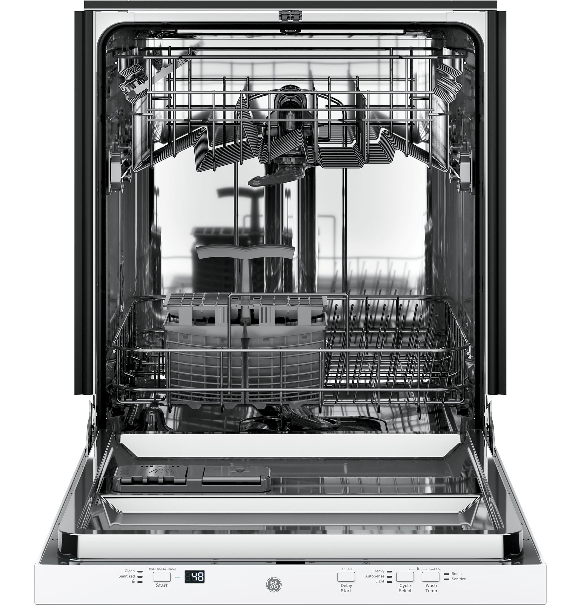 Open stainless steel interior dishwasher showing upper and lower racks with control panel in Dishwashers collection