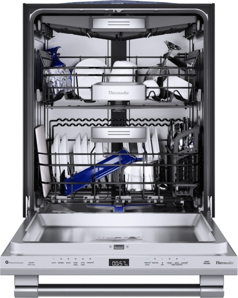 Open professional stainless steel dishwasher loaded with dishes and digital display for kitchen appliances