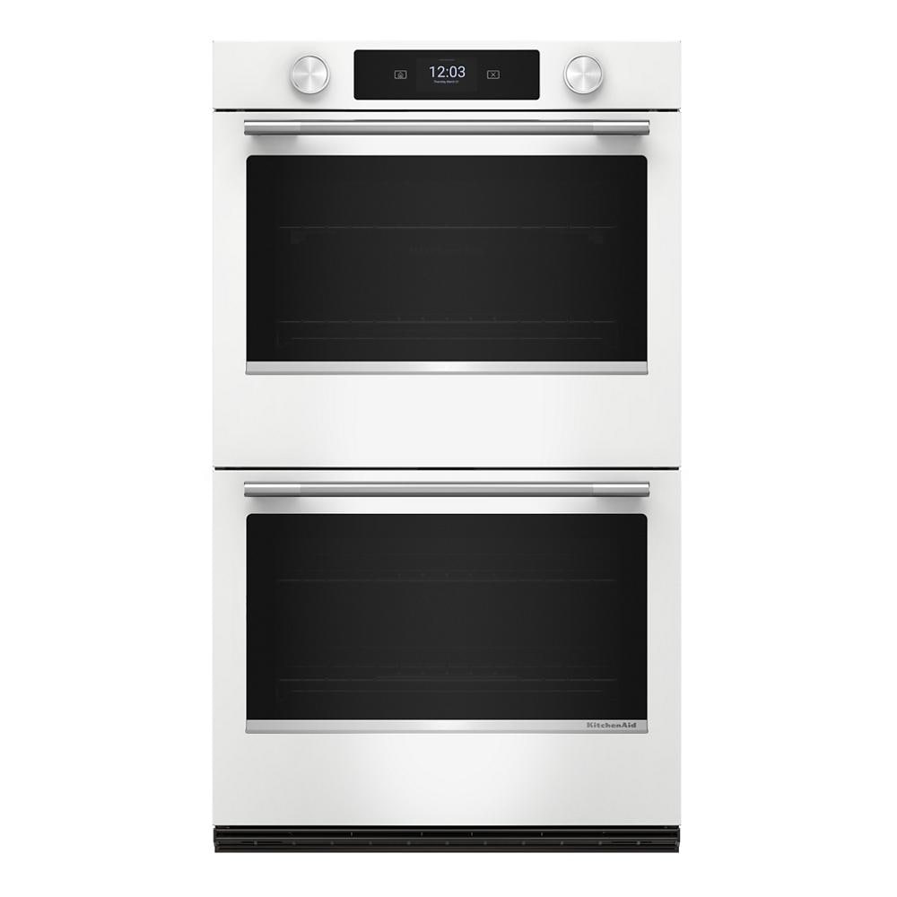 White 30-inch smart electric double wall oven with LED touchscreen, backlit knobs, and true convection for kitchen appliances collection