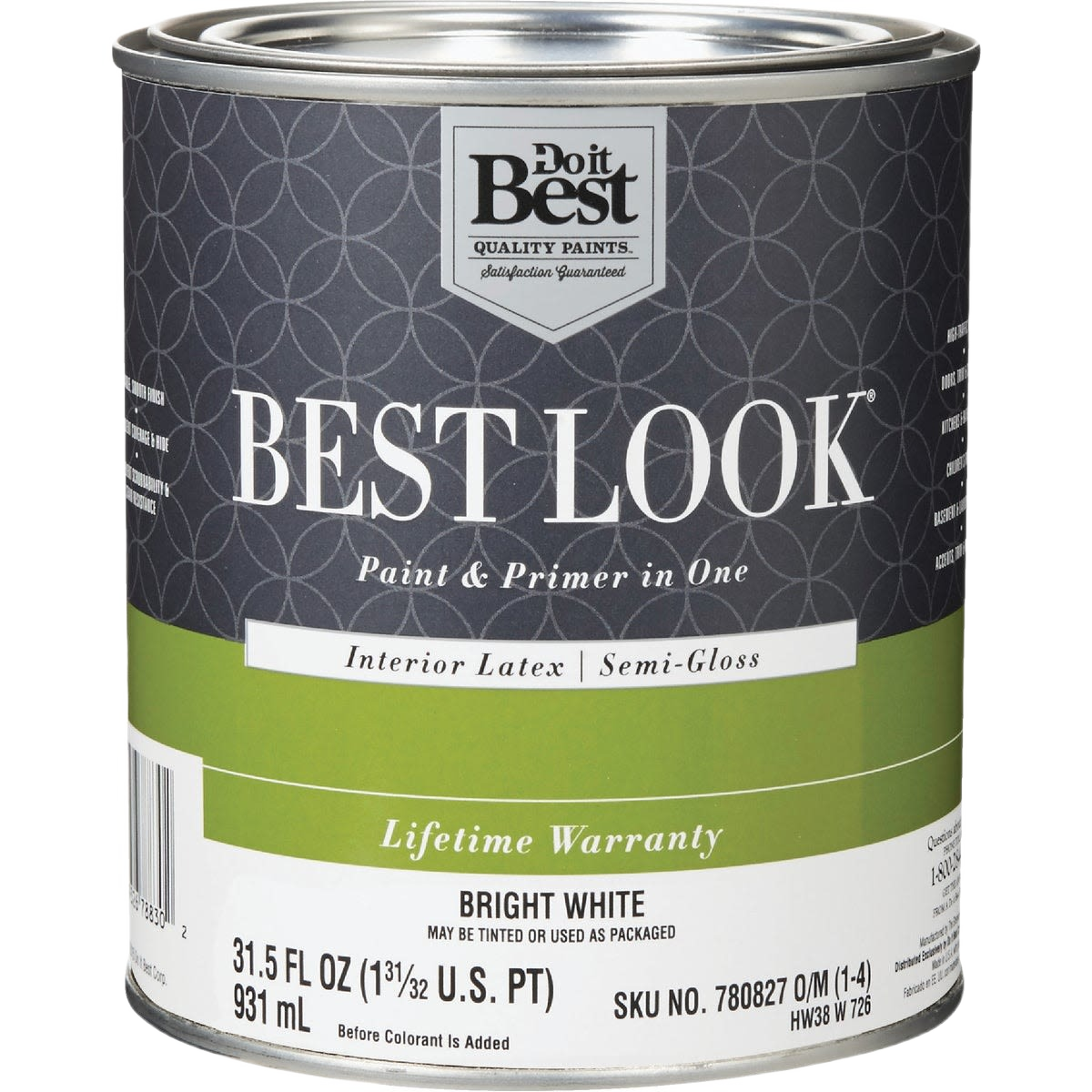 One-quart can of bright white interior latex semi-gloss paint and primer offering durable finish for home improvement