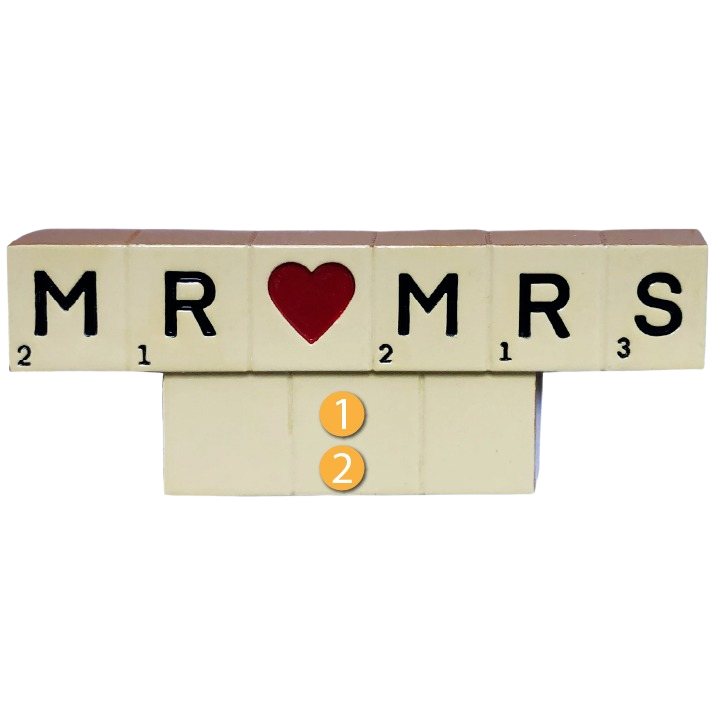 Scrabble-style letter tiles spelling MR and MRS with red heart in center for Christmas Ornaments & Tree Decorations collection