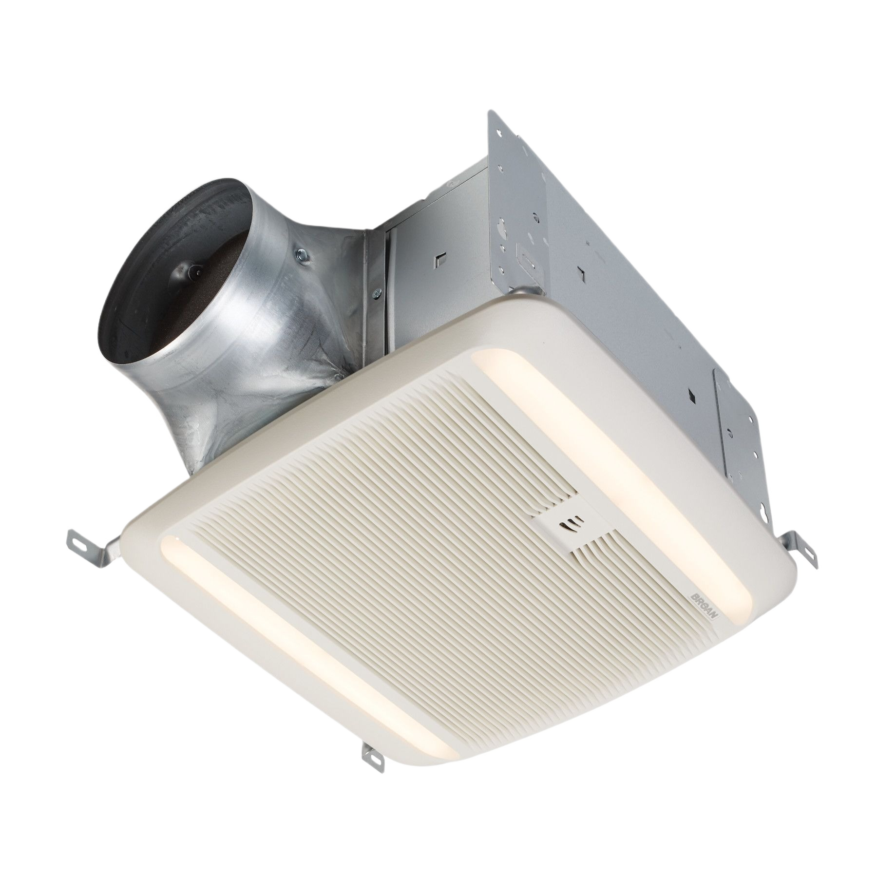 Ceiling-mounted exhaust fan with integrated LED light and humidity sensor for home improvement projects