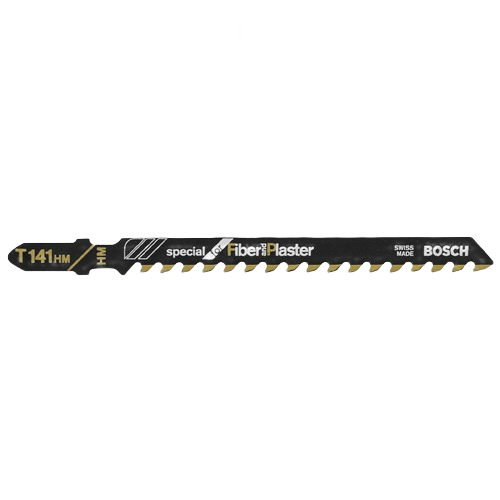 Black Bosch jigsaw blade with T-shank design and sharp teeth for woodworking and power tool accessories use.