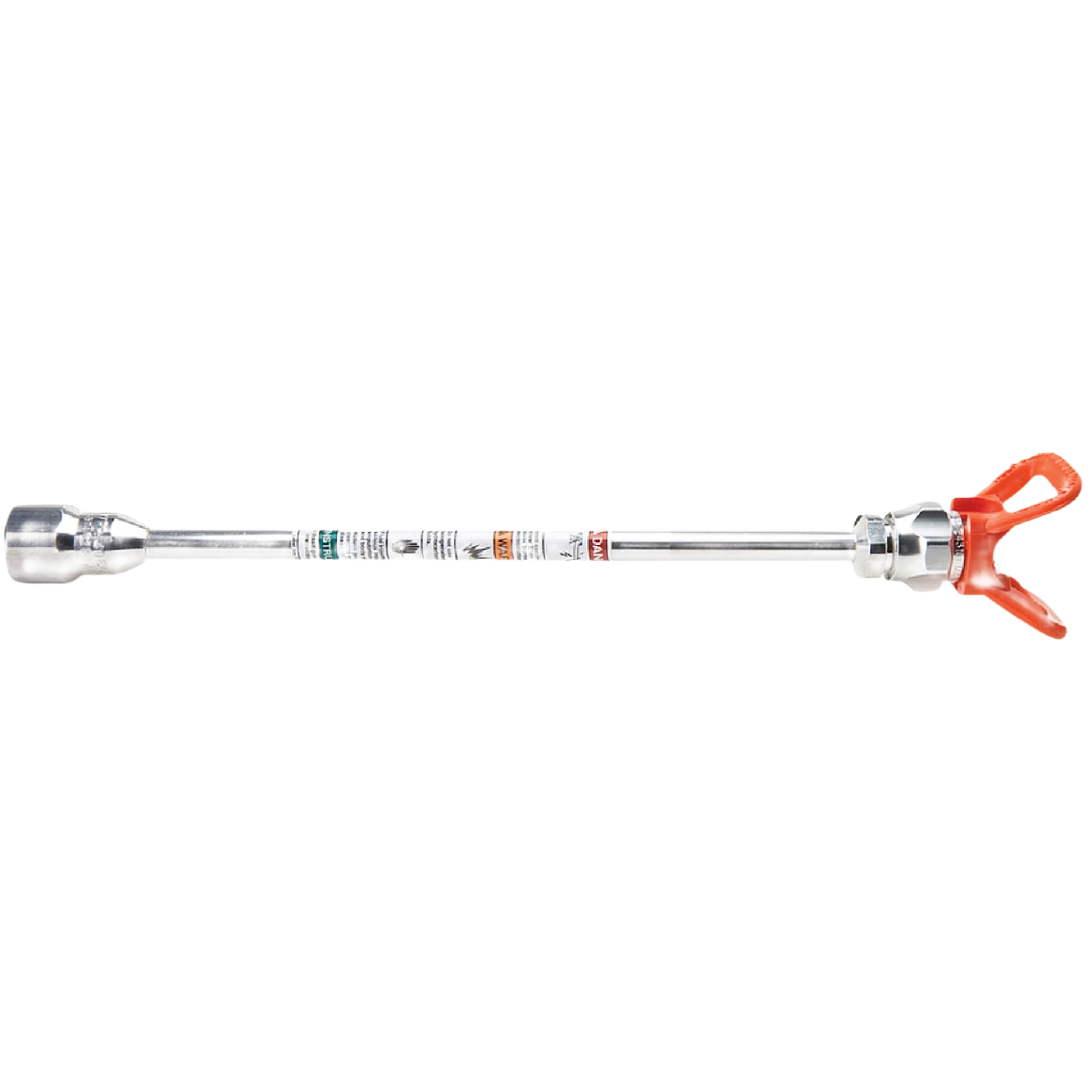 Metal tip extension tool with orange guard for paint sprayers, ideal for reaching high or recessed areas in home improvement projects.