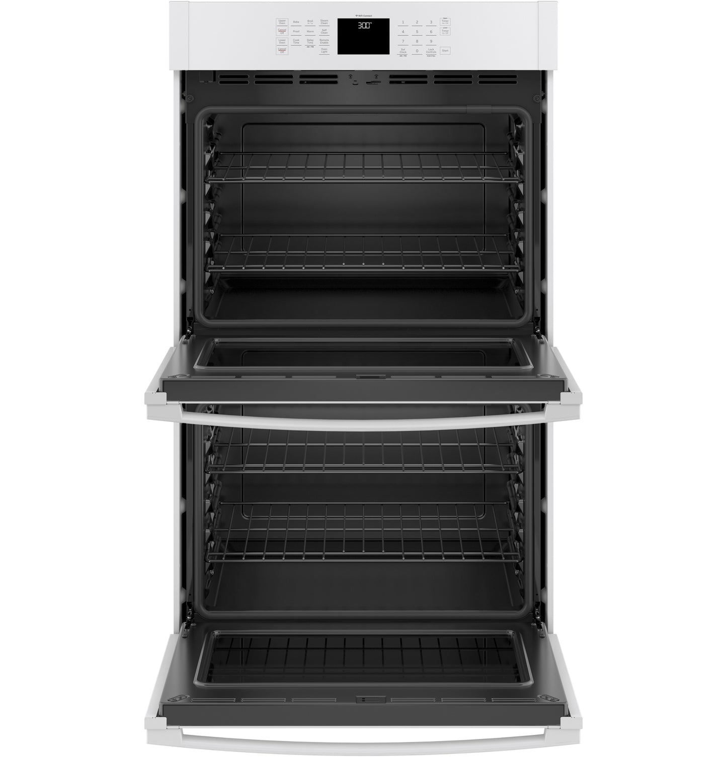 White smart built-in double wall oven with two open doors showing interior racks in kitchen and appliances collection