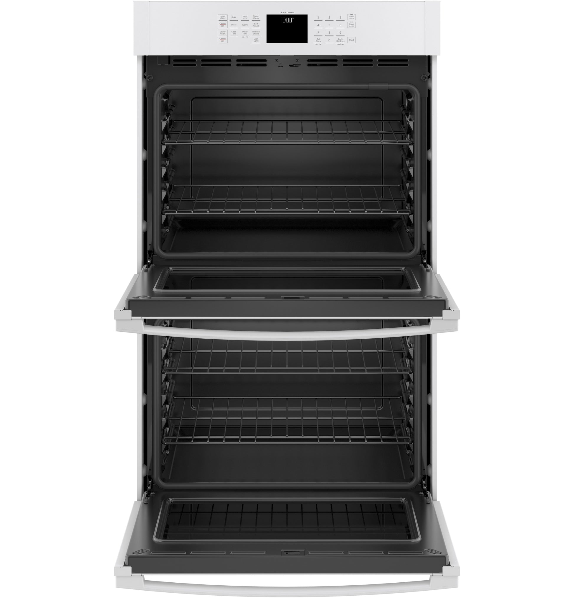White smart built-in double wall oven with two open doors showing interior racks in kitchen and appliances collection