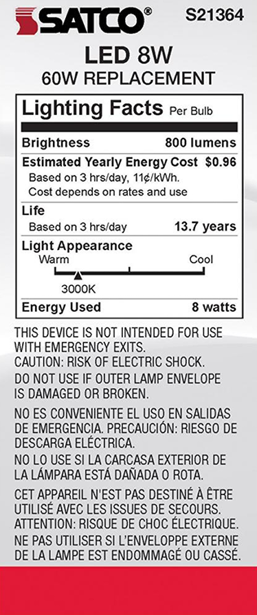 Label showing energy facts and safety warnings for an 8 watt LED bulb with warm light appearance, home improvement use
