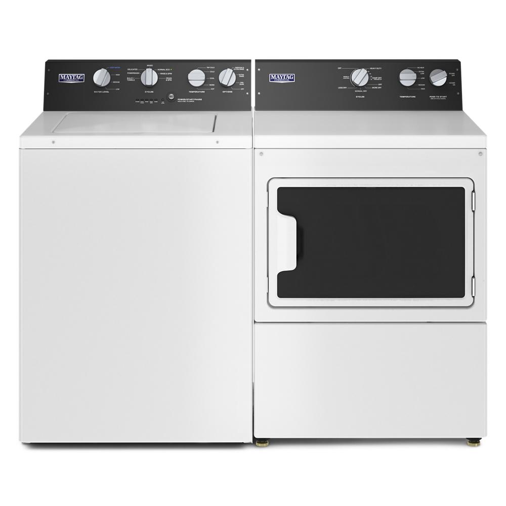 Front view of white commercial washer and electric dryer set with black control panels from Dryers collection