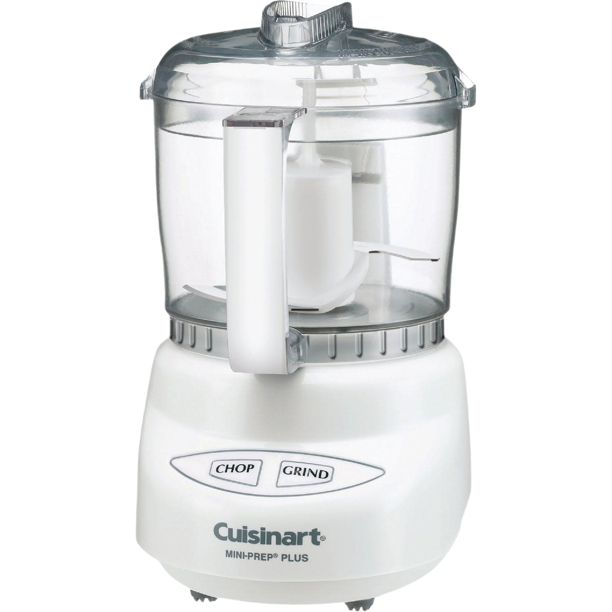 Compact Cuisinart Mini-Prep food processor with clear plastic bowl and white base for kitchen prep tasks
