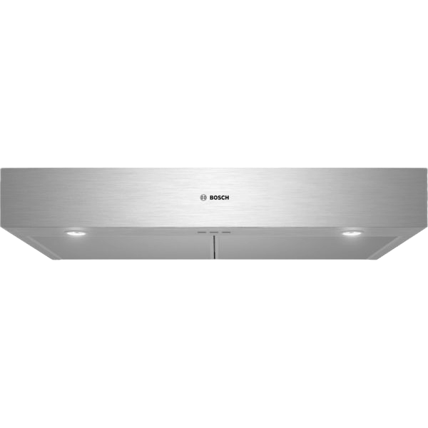 Stainless steel undercabinet range hood with built-in LED lights, part of Bosch kitchen appliance collection