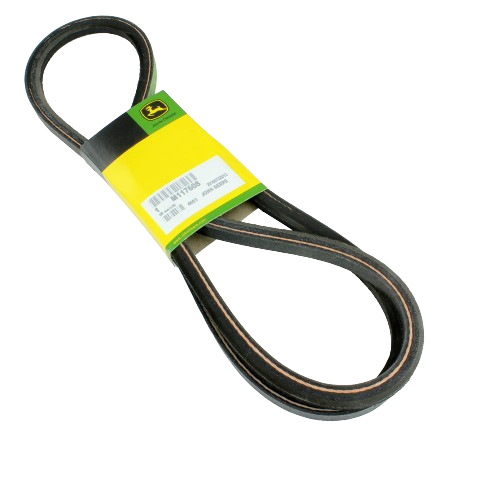 Black drive V-belt with a yellow and green label designed for automotive and John Deere mower parts replacement