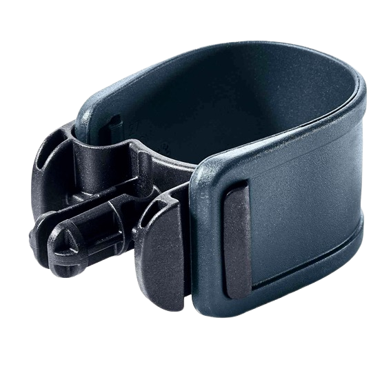 Black plastic hose clip accessory designed for power tools in home improvement and tool accessory collections