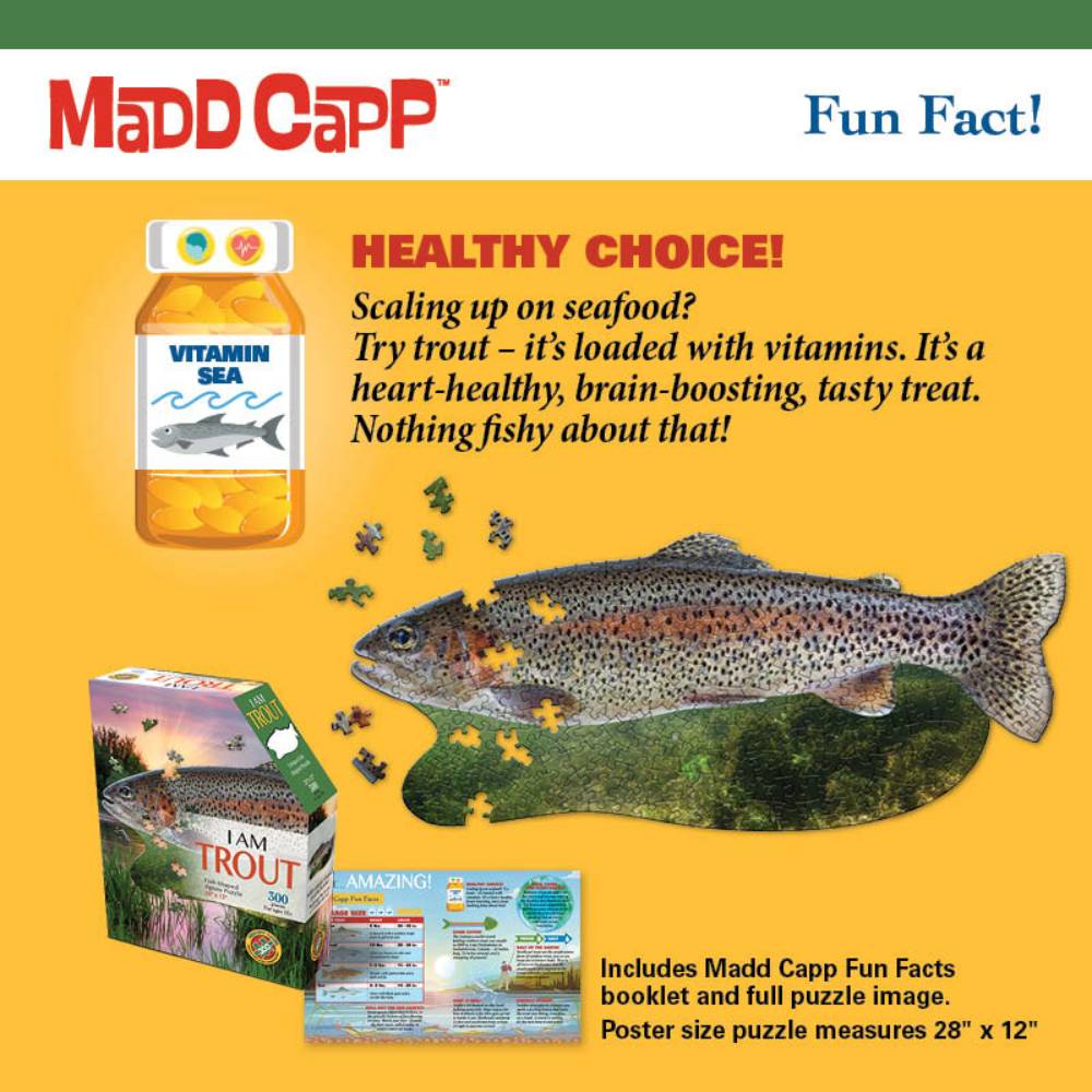 Madd Capp 300-piece trout puzzle with packaging and fun fact about trout vitamins for Toys & Games and Puzzles collections