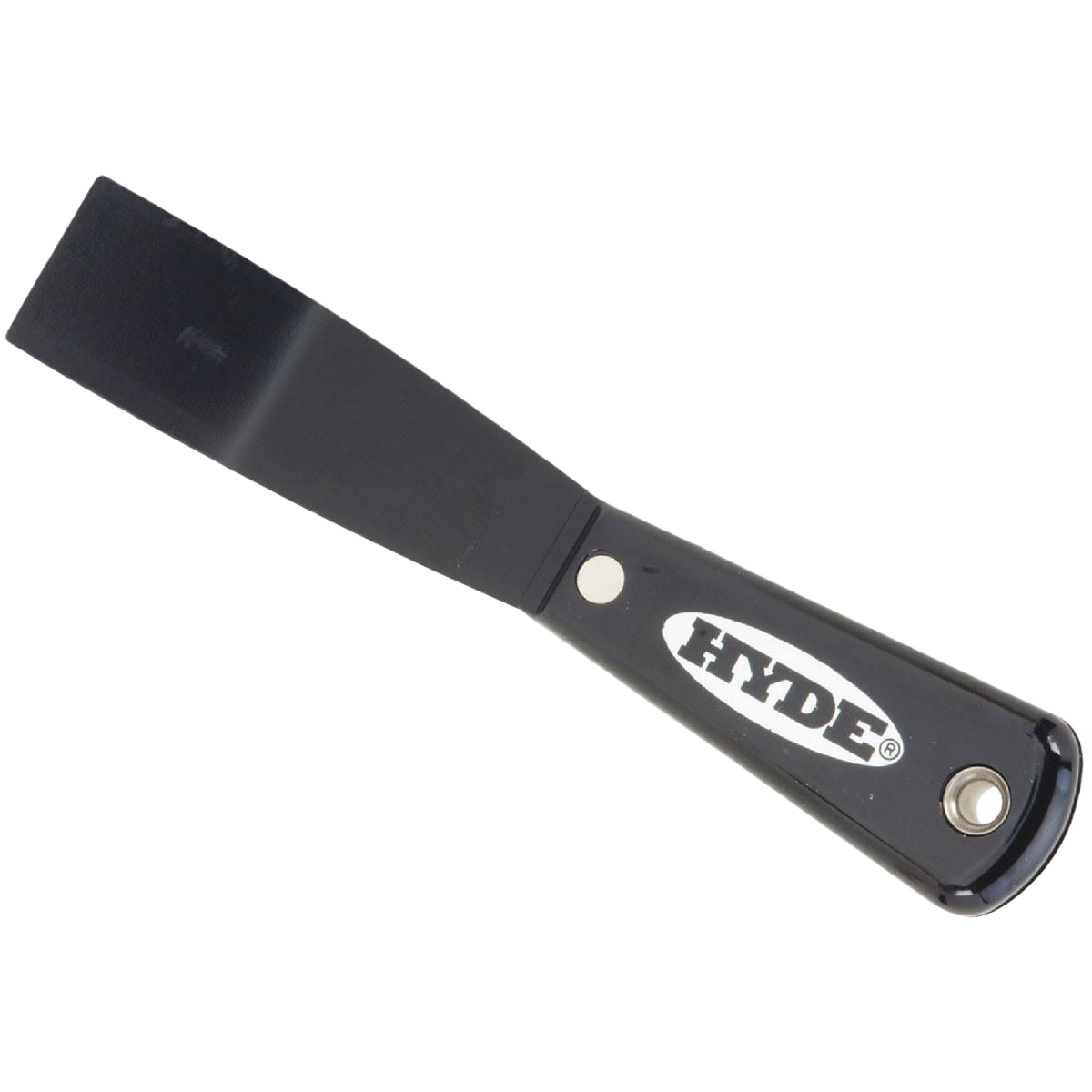 Black and silver bent blade putty knife with ergonomic handle for home improvement and tool use
