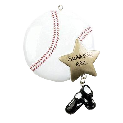 Personalized baseball ornament with red stitching, gold star accent, and hanging black cleats for Christmas decor under $50 collection