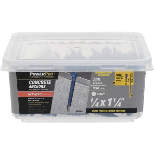 Clear plastic container of blue hex washer-head concrete anchors for home improvement and hardware fastener use