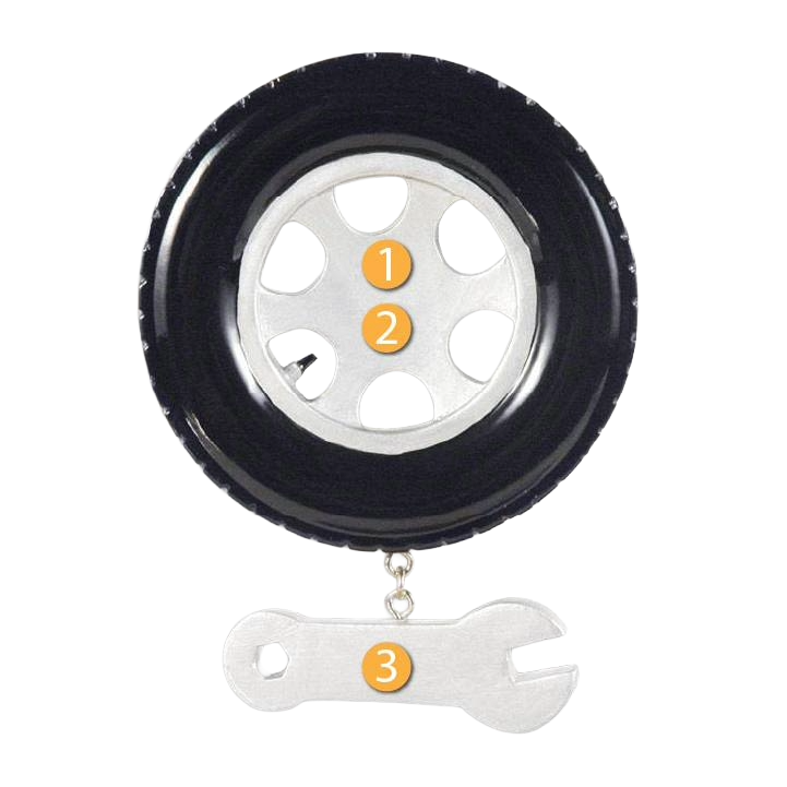 Round tire ornament with silver rim and dangling wrench charm for Christmas tree decorations under $50