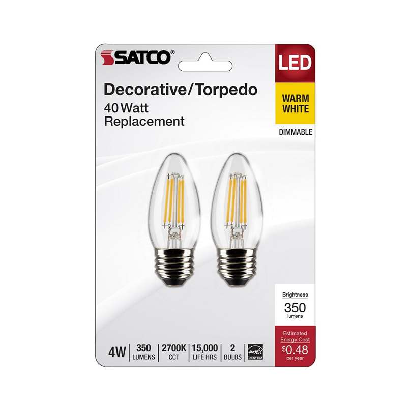 Satco pair of clear LED decorative torpedo bulbs with medium base, warm white light, energy-efficient in lighting collections