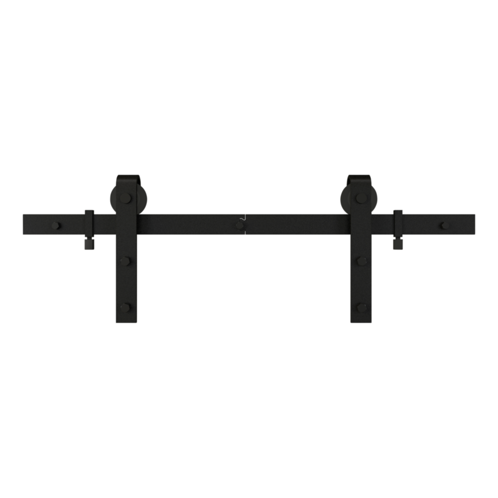 Matte black classic barn door track with two rollers for interior door hardware and home improvement projects