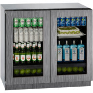 Double glass door refrigerator with overlay frame, dual zone cooling, storing beverages and fruit in kitchen appliances collection