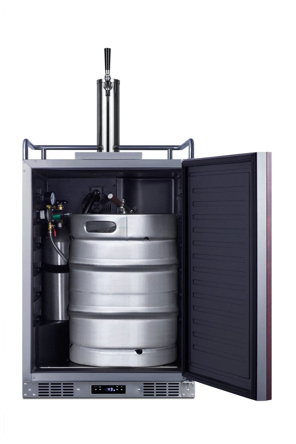 Built-in beverage refrigerator with open door showing keg, CO2 tank, and draft beer tap system for home use