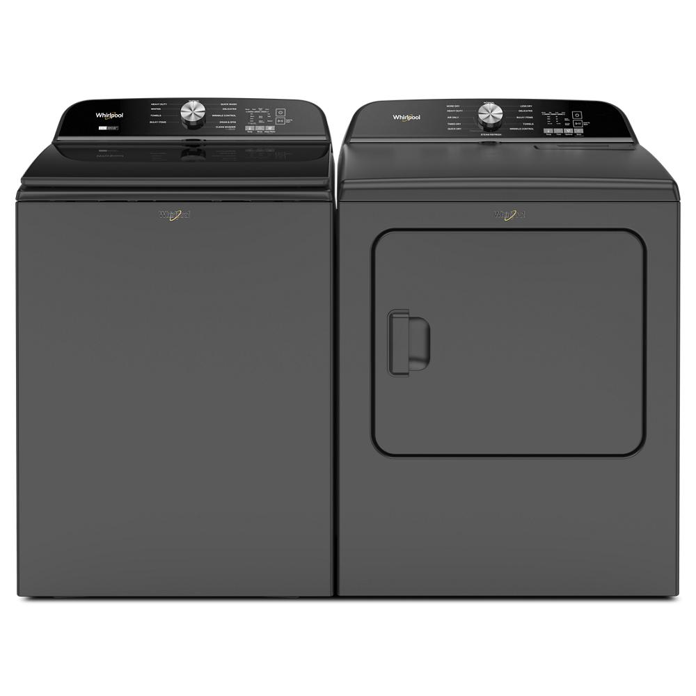 Pair of sleek black Whirlpool top load washer and dryer with digital controls for efficient home laundry appliances and improvement