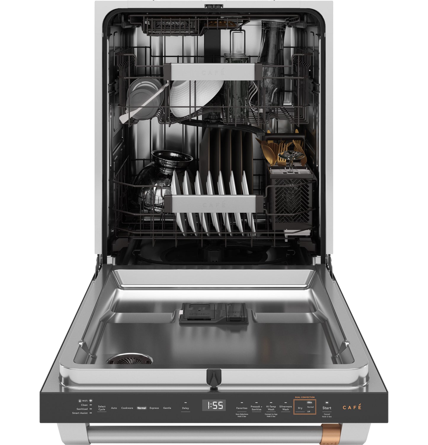 Open built-in dishwasher in stainless interior with loaded upper and lower racks from Dishwashers and Kitchen & Kitchenware collections