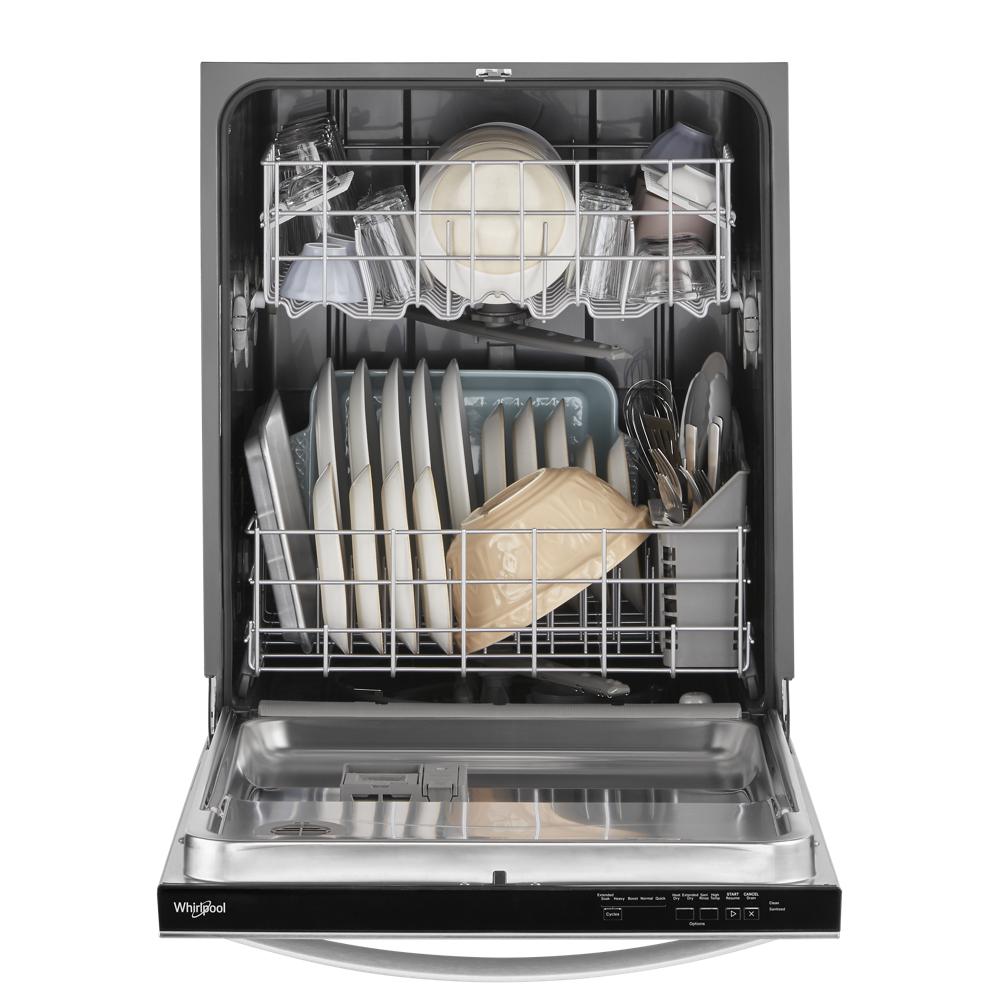 Open stainless steel dishwasher loaded with dishes and glasses from kitchen appliances collection