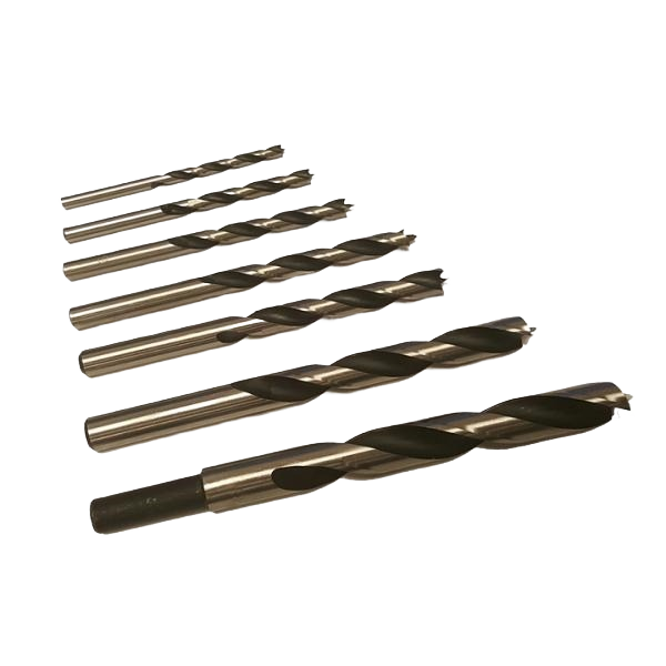 Set of seven precision metric brad point drill bits in various sizes for wood drilling in tool accessories and drill bits collections