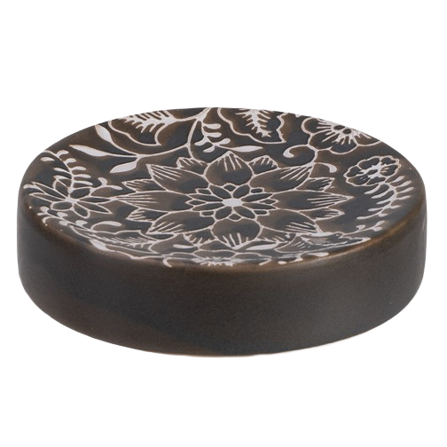 Round dark ceramic soap dish with white floral pattern and slightly raised edges for bathroom use