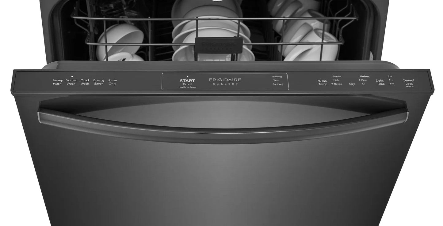 Black built-in dishwasher with open door revealing clean dishes in kitchen and dishwashers collection