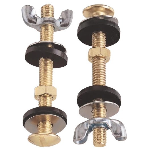 Pair of brass-plated 5/16" x 3" tank bolts with wing nuts, rubber and metal washers for plumbing repairs under $50 collections