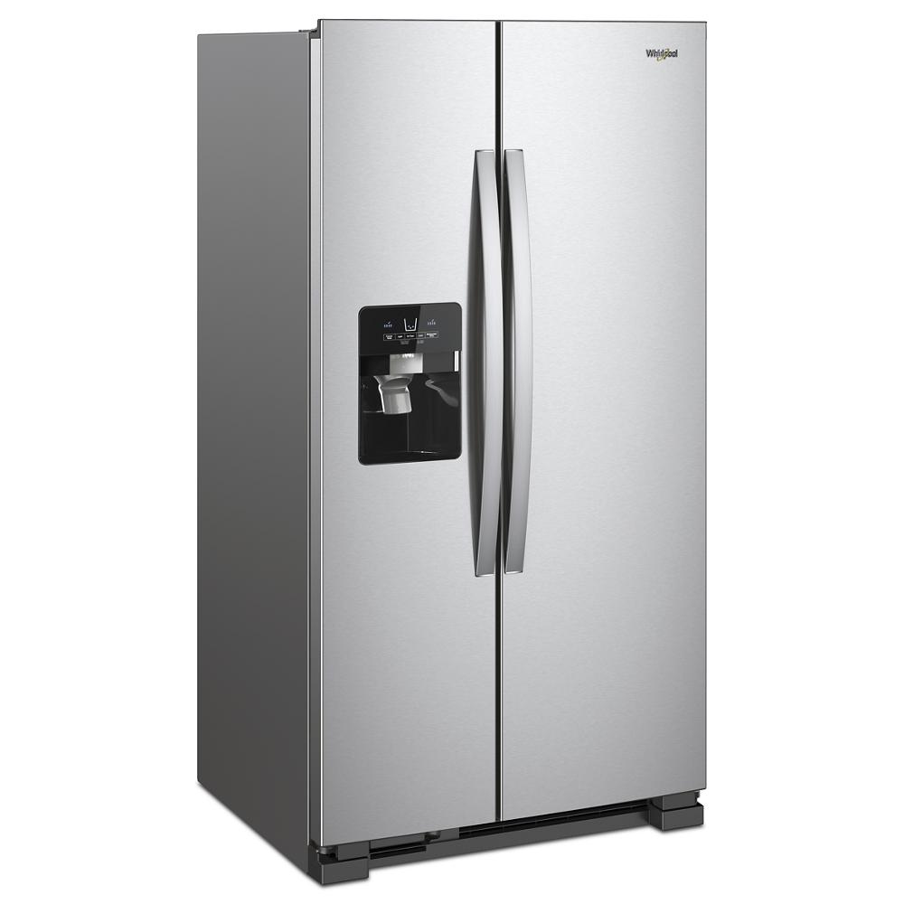 33-inch wide stainless steel side-by-side refrigerator with built-in ice and water dispenser in kitchen appliances collection