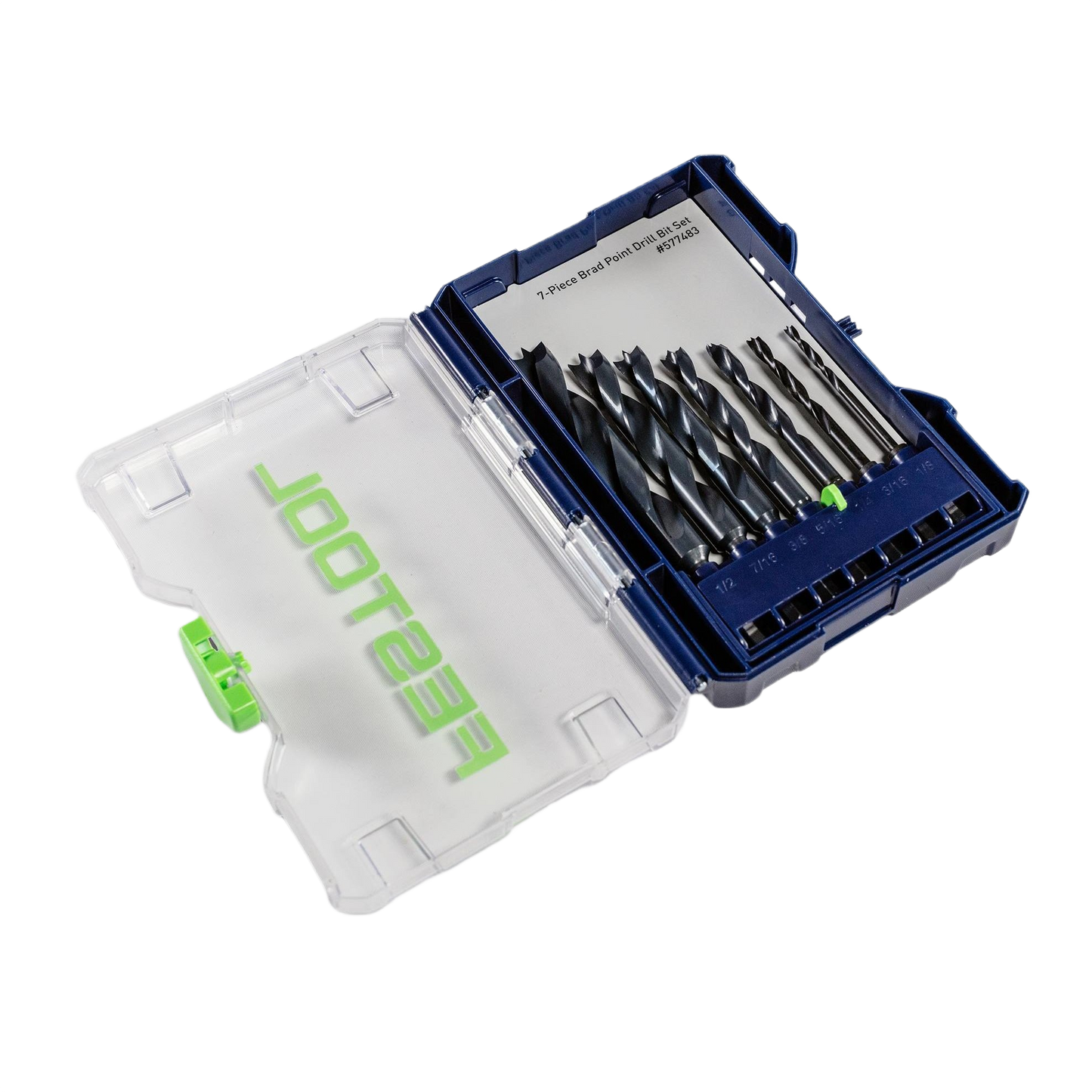 Set of seven brad point drill bits in protective blue and clear plastic case for Festool drill accessories collections