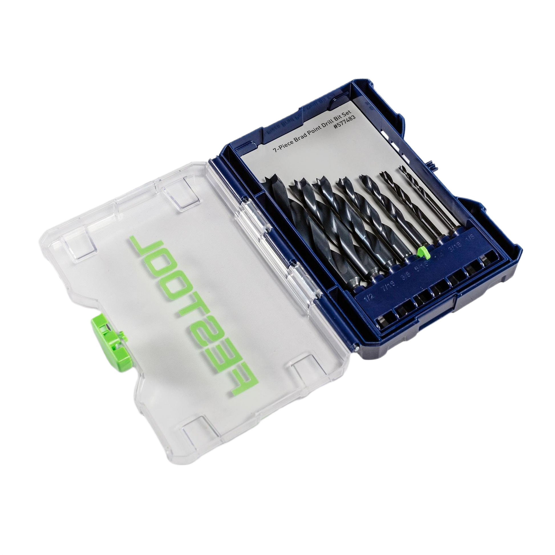 Set of seven brad point drill bits in protective blue and clear plastic case for Festool drill accessories collections