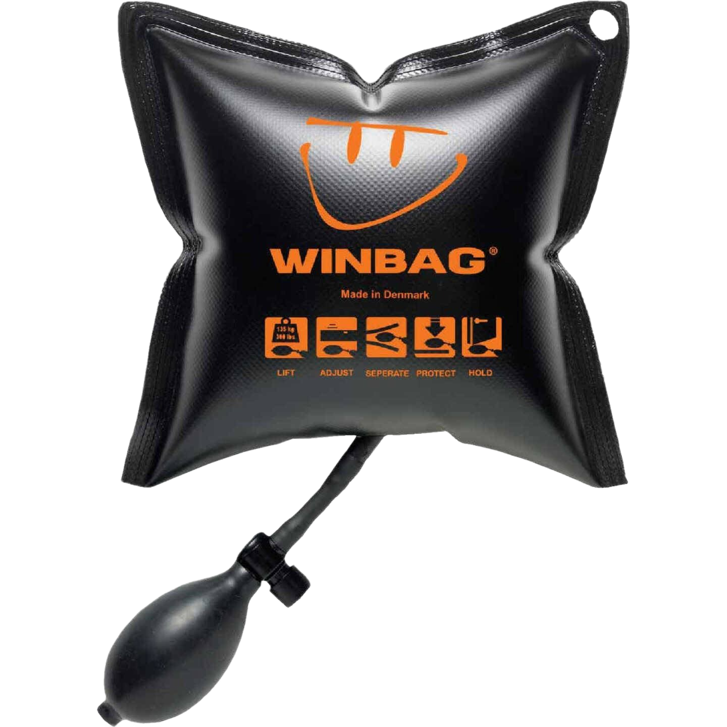 Black inflatable leveling shim with orange logo and hand pump, used for precise adjustments in woodworking and home improvement.