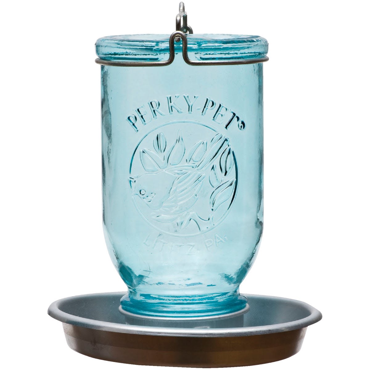 Blue glass bird waterer with metal base and hanging hook for outdoor bird hydration.
