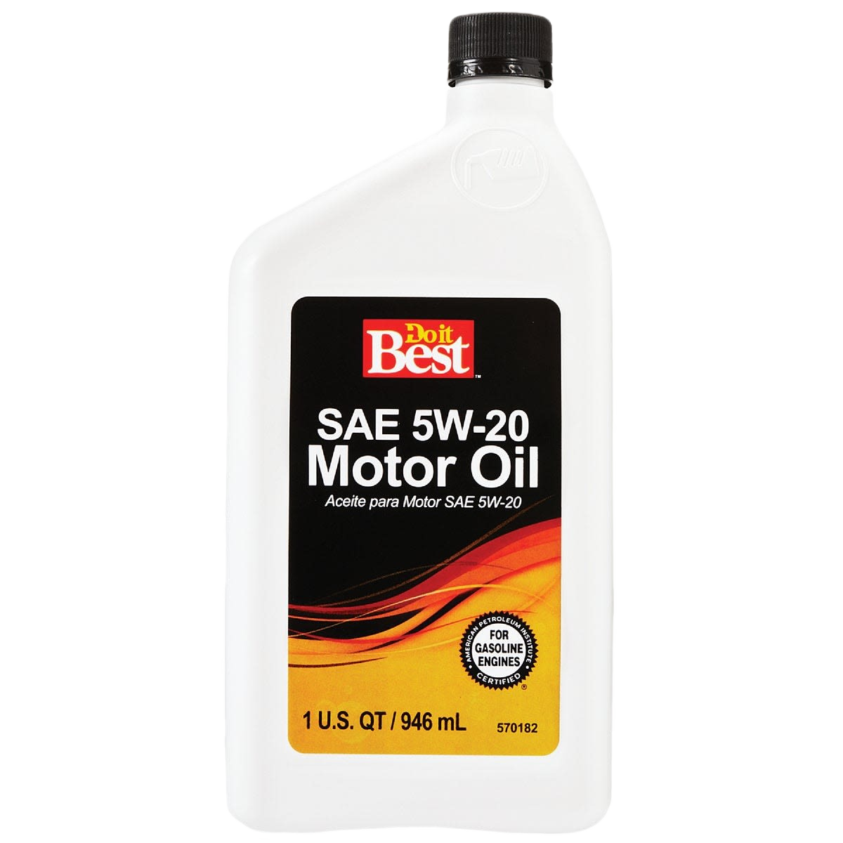 White plastic bottle of SAE 5W-20 motor oil with red and yellow label for tools and home improvement use