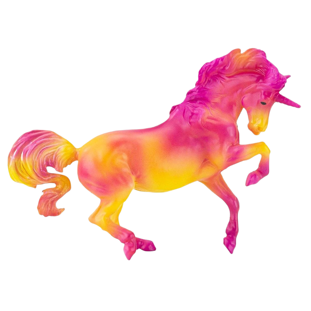 Pink and yellow gradient unicorn figurine with flowing mane and tail from a Breyer swirl collectible set