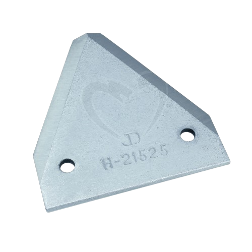 Triangular gray metal knife section with two mounting holes for heavy-duty agricultural tool use