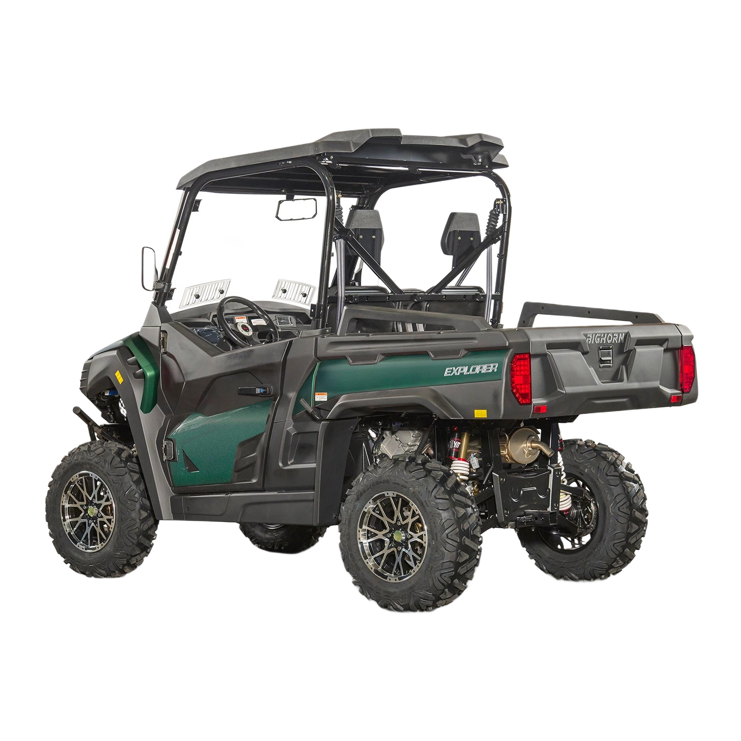 Green utility vehicle with spacious cab and rugged tires designed for outdoor tasks in tools and home improvement