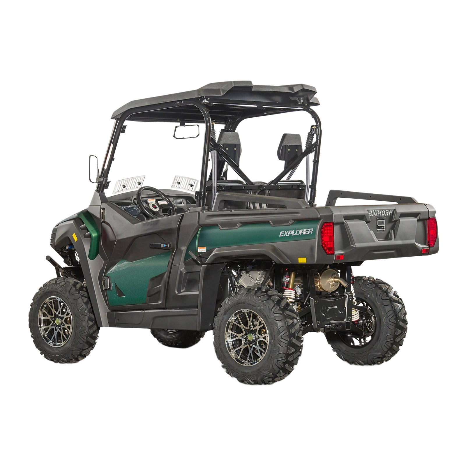 Green utility vehicle with spacious cab and rugged tires designed for outdoor tasks in tools and home improvement