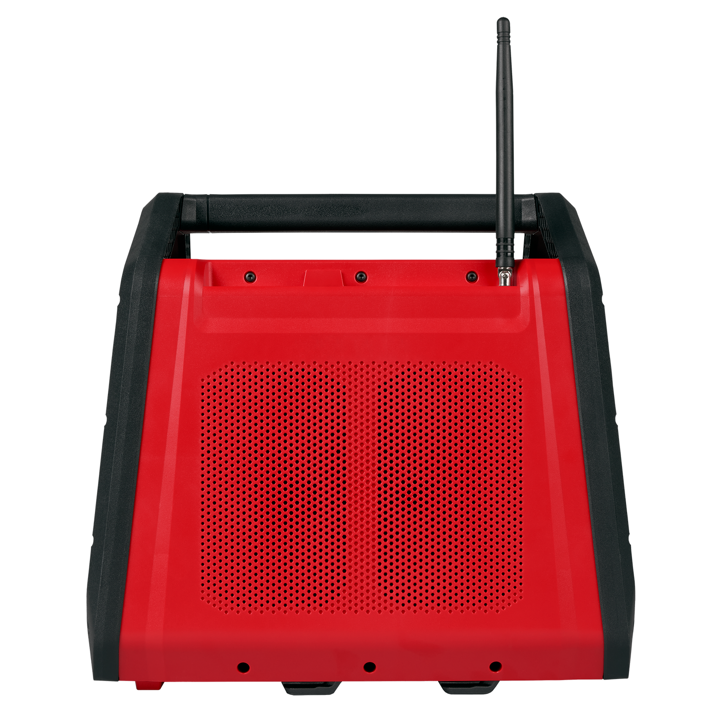 Red and black jobsite radio with perforated speaker grille, sturdy handle, and antenna, part of tool accessories and jobsite radios at Hartville Hardware.